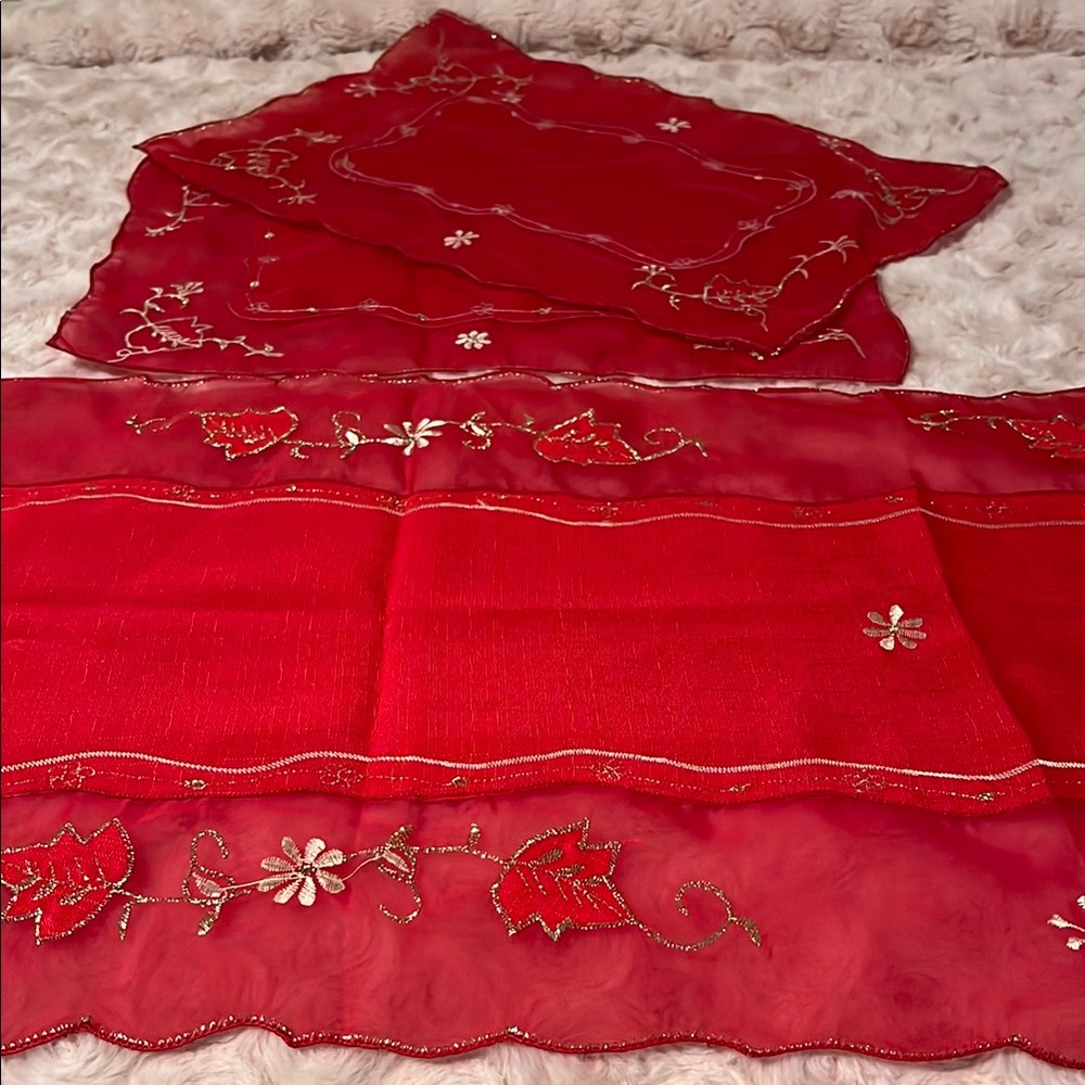Red Embroidered Table Doily Set